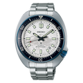 Seiko watch with silver metal strap on a white background