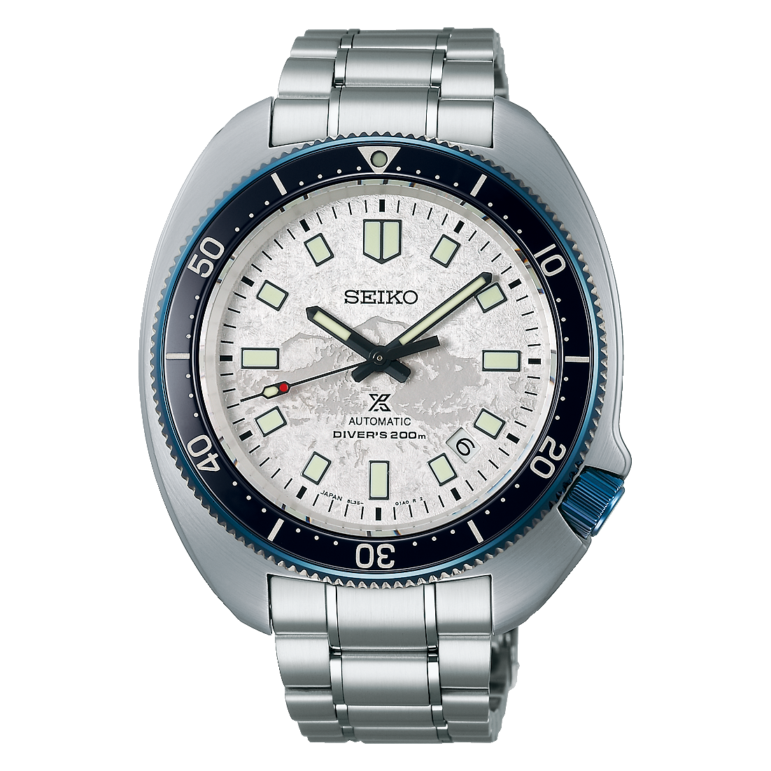 Seiko watch with silver metal strap on a white background