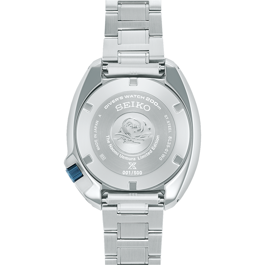 Silver Seiko watch with detailed caseback on a white background