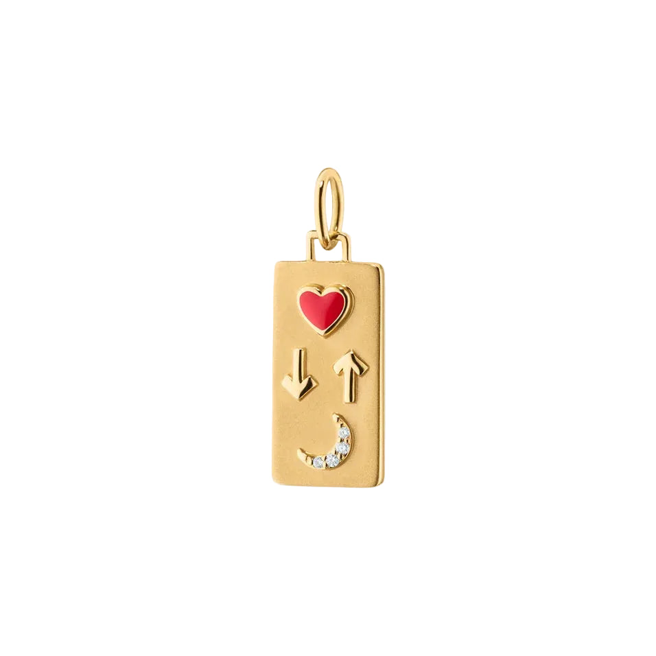 gold charm with red heart, up and down arrows and a moon with diamonds on a white background