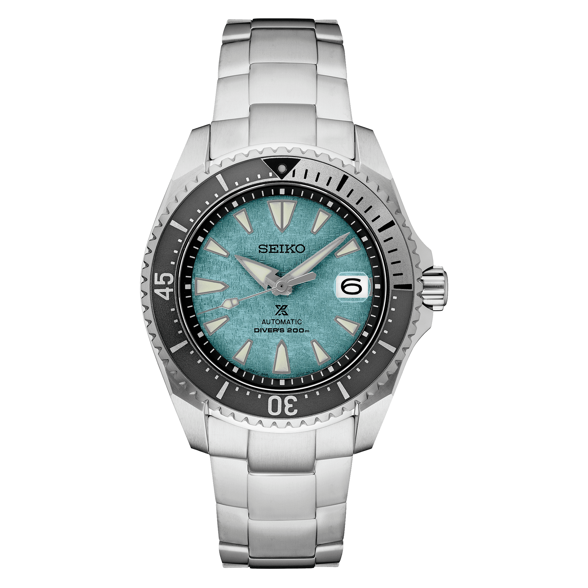 Seiko watch with titanium case with turquoise dial on a white background