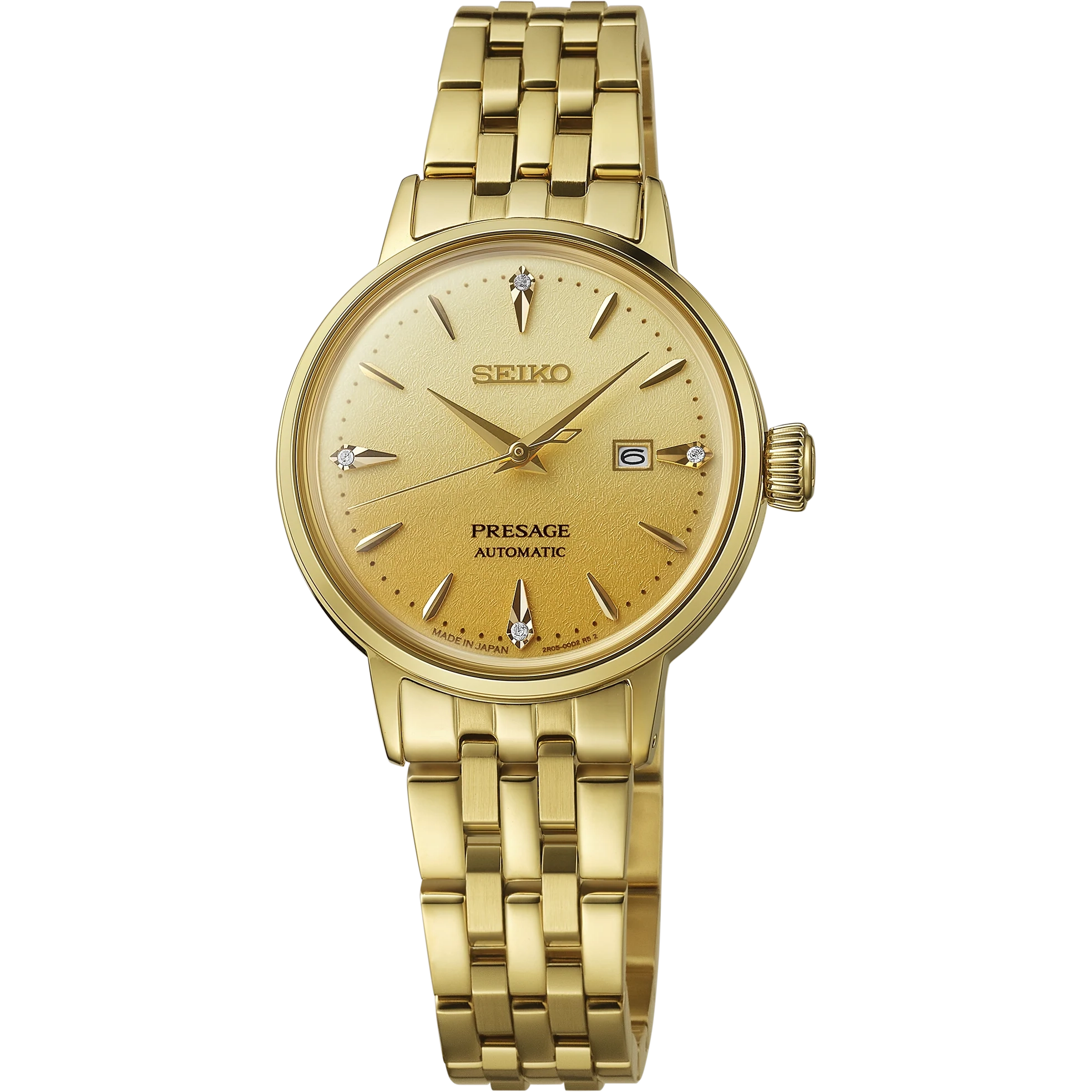 A gold-tone Seiko Presage automatic watch with a matching gold-tone metal link bracelet, shown against a plain white background.