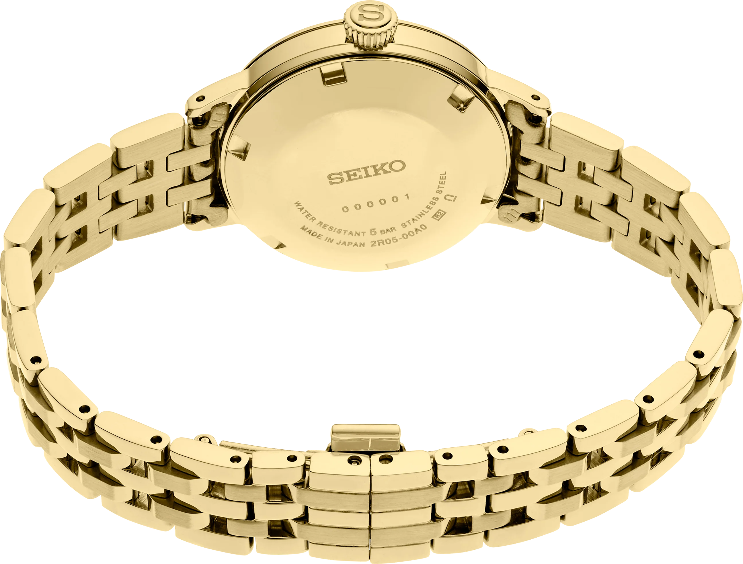 Gold-tone Seiko stainless steel watch band with a matching round case, shown from the back on a plain white background.