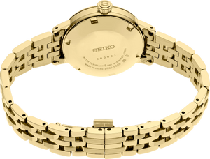 Gold-tone Seiko stainless steel watch band with a matching round case, shown from the back on a plain white background.