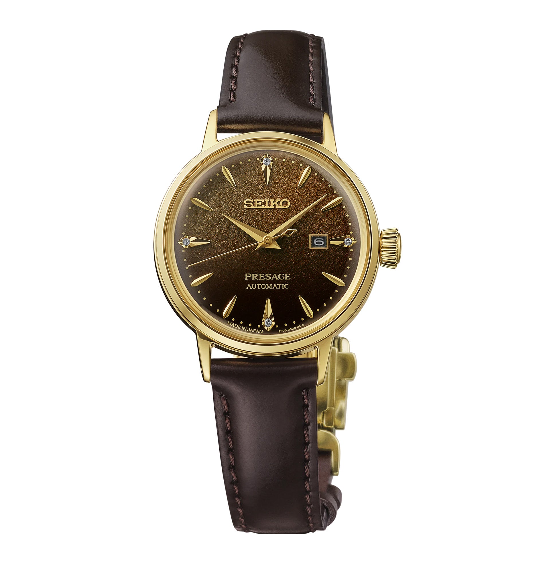Front view of Seiko Presage SRE020 watch with brown sunburst dial, gold tone case and dark brown leather strap