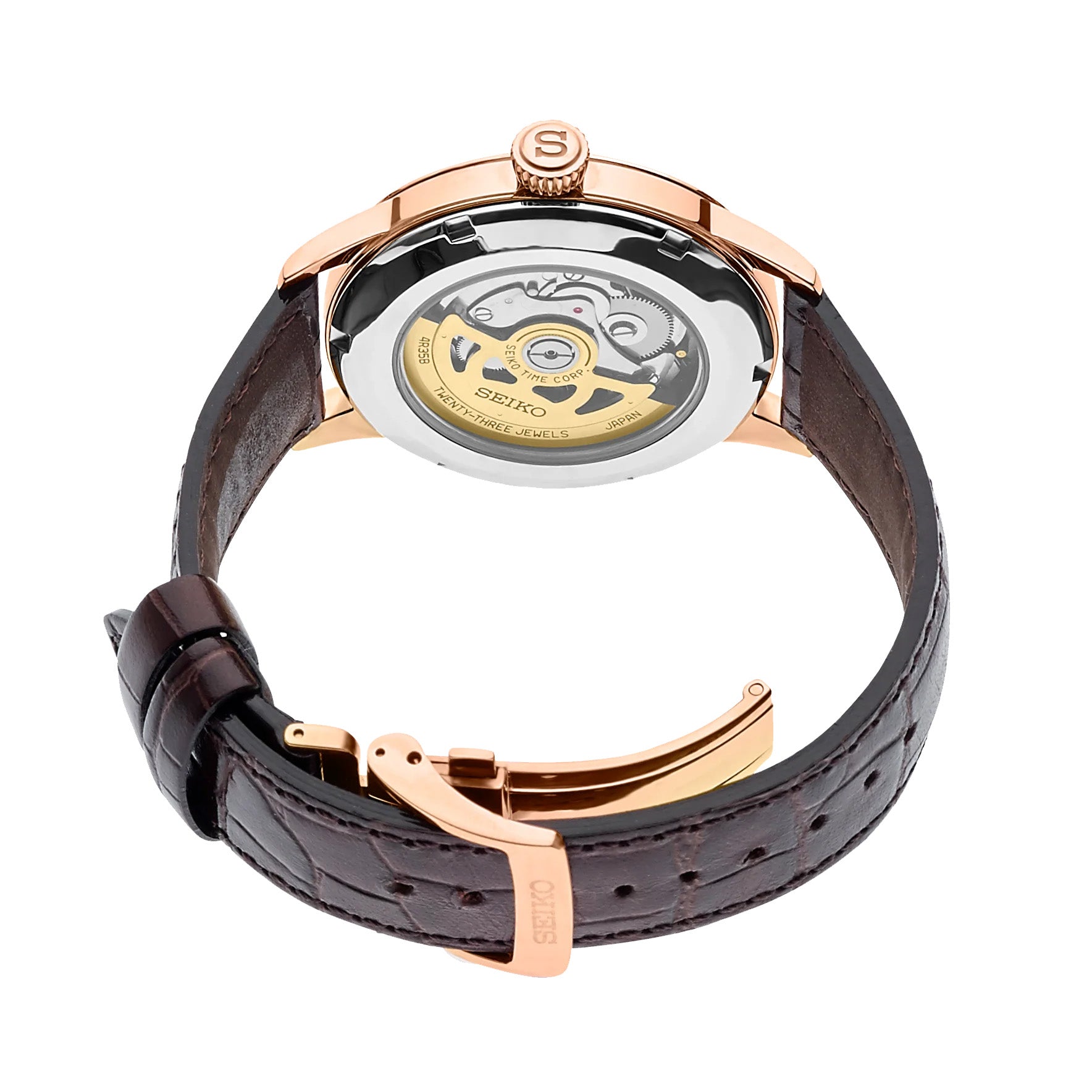 Rear view of Seiko SRPB46 showcasing exhibition caseback, brown leather strap and rose gold case on white background