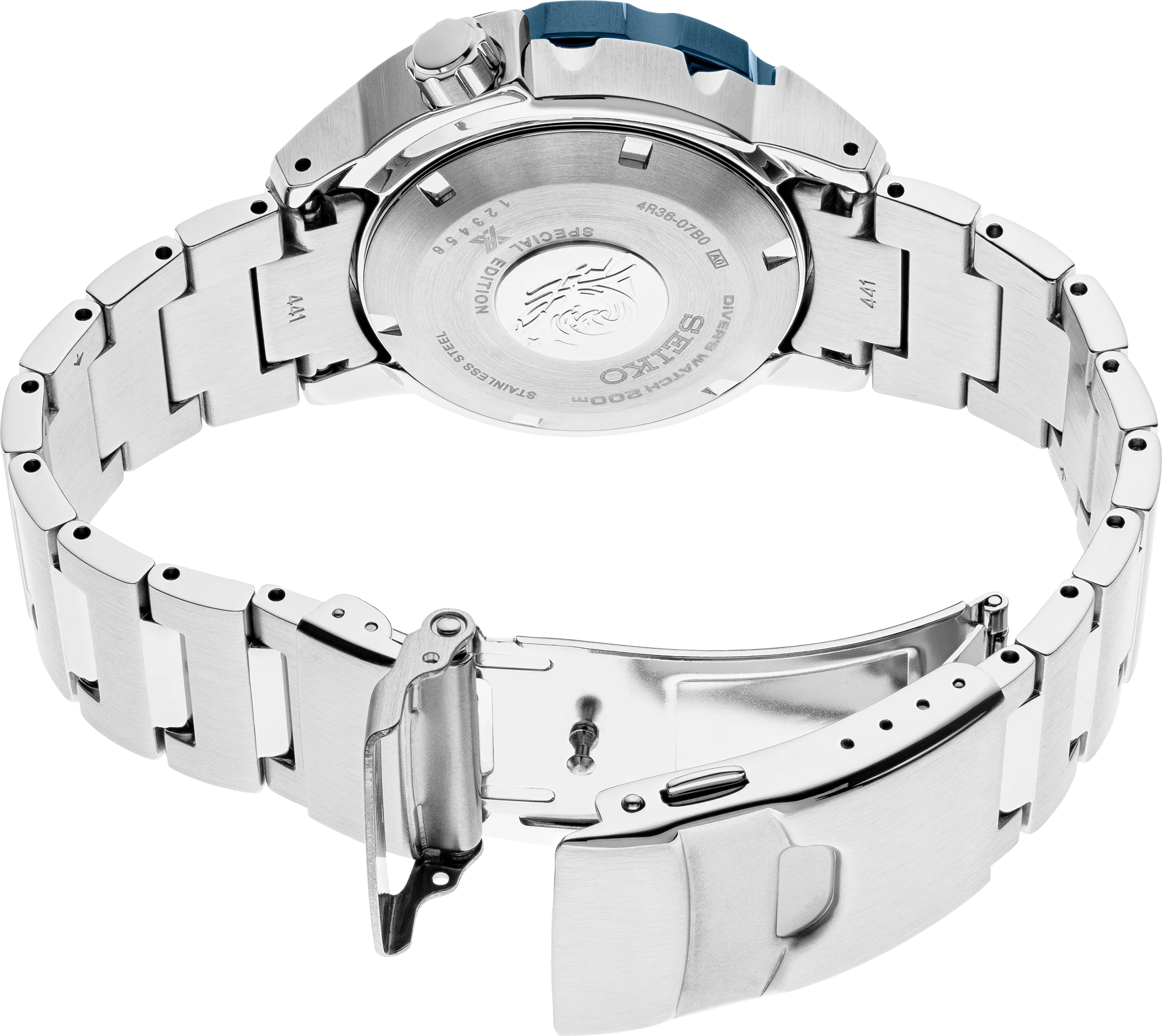 Stainless steel Seiko watch on a white background