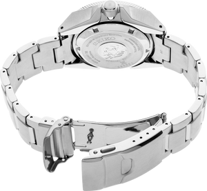 Close-up of a silver watch with a detailed back cover on a white background