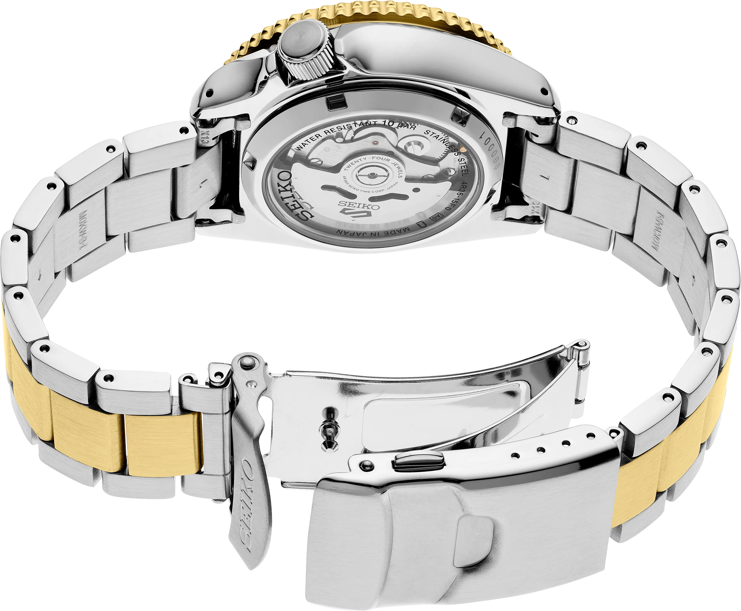 Close-up of a Seiko watch with a two-tone metal band on a white background