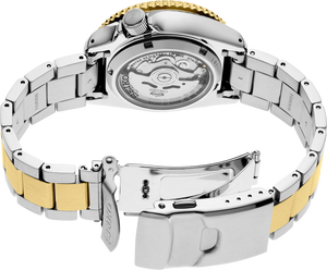 Close-up of a Seiko watch with a two-tone metal band on a white background