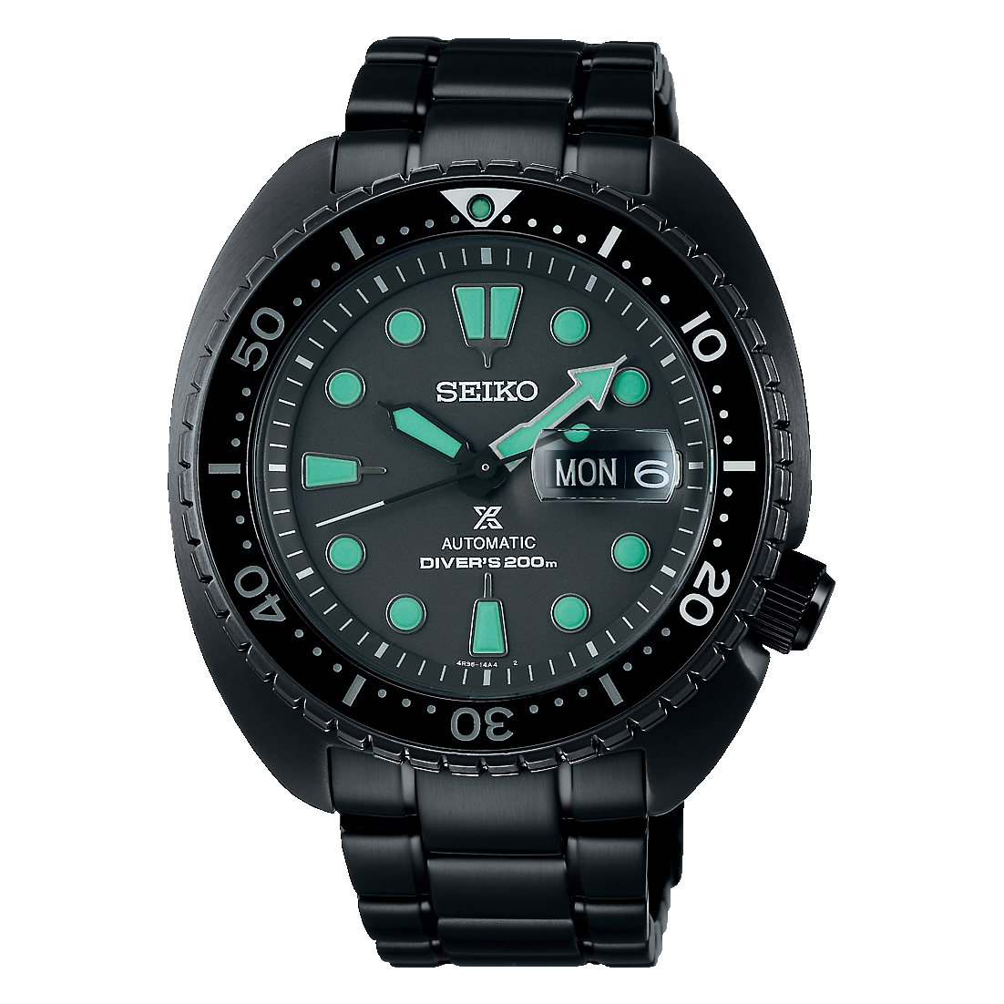 Black Seiko watch with green accents on a white background