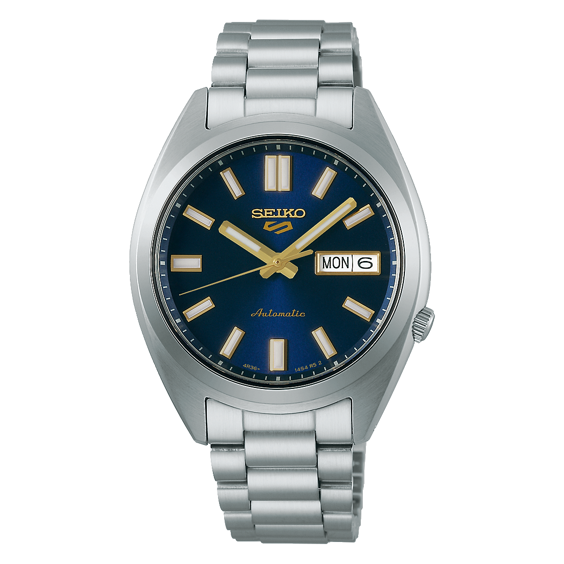 Seiko watch with blue dial and silver metal bracelet on a white background