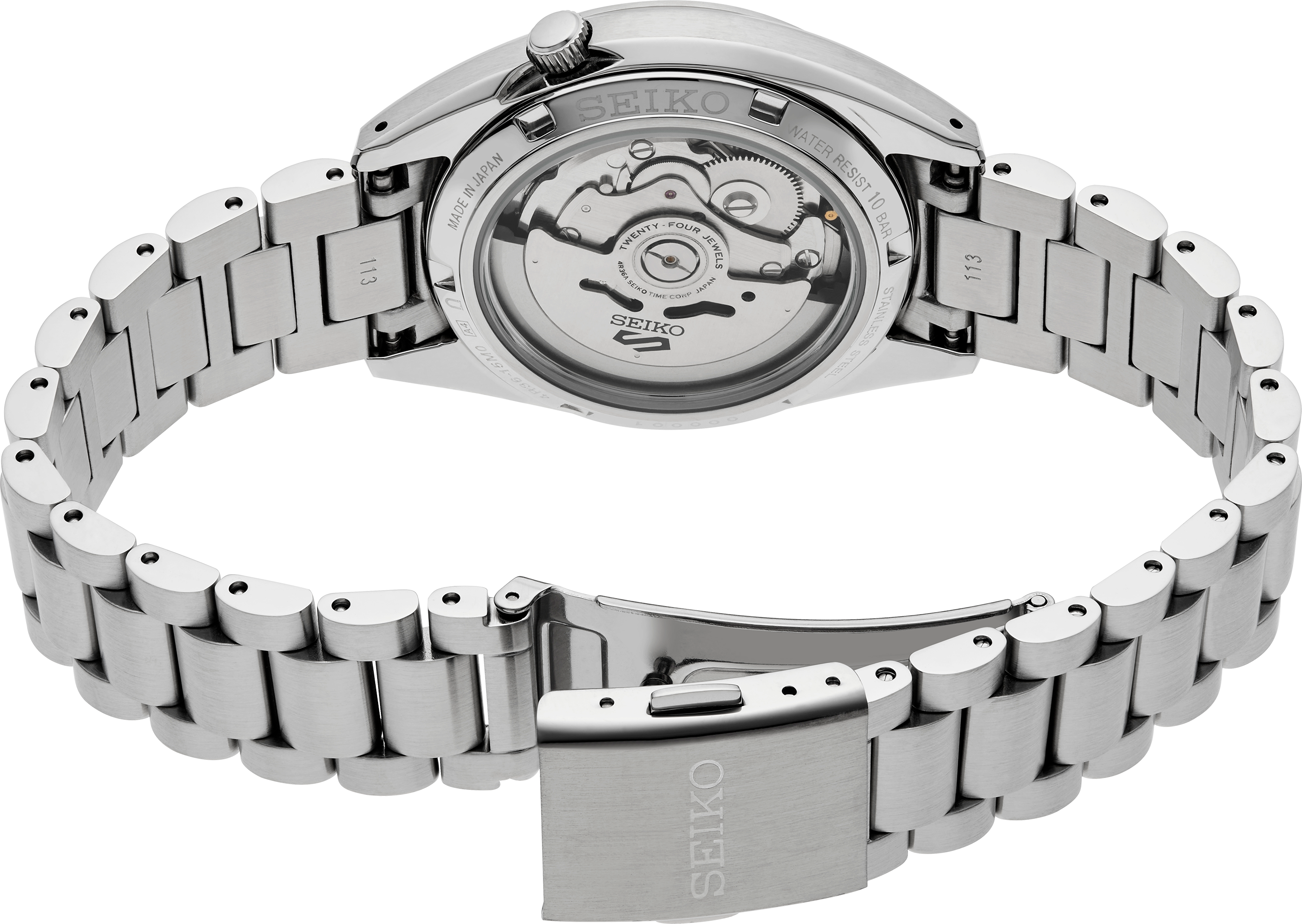 Rear of Seiko SRPL59 watch showing exhibition caseback with visible automatic movement and stainless steel bracelet