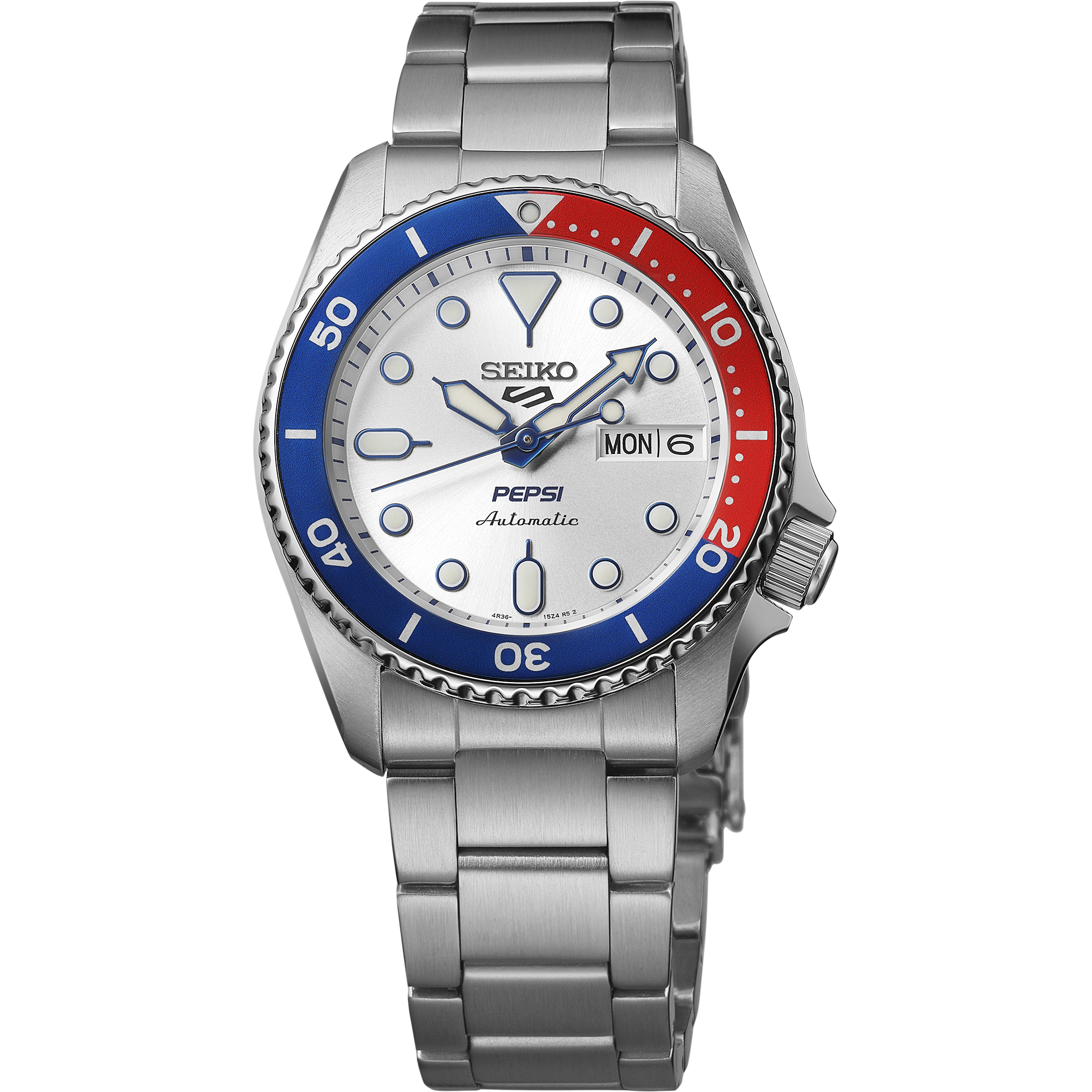Front close-up of Seiko SRPL99 watch with Pepsi red-and-blue bezel, silver dial, day and date window and metal bracelet