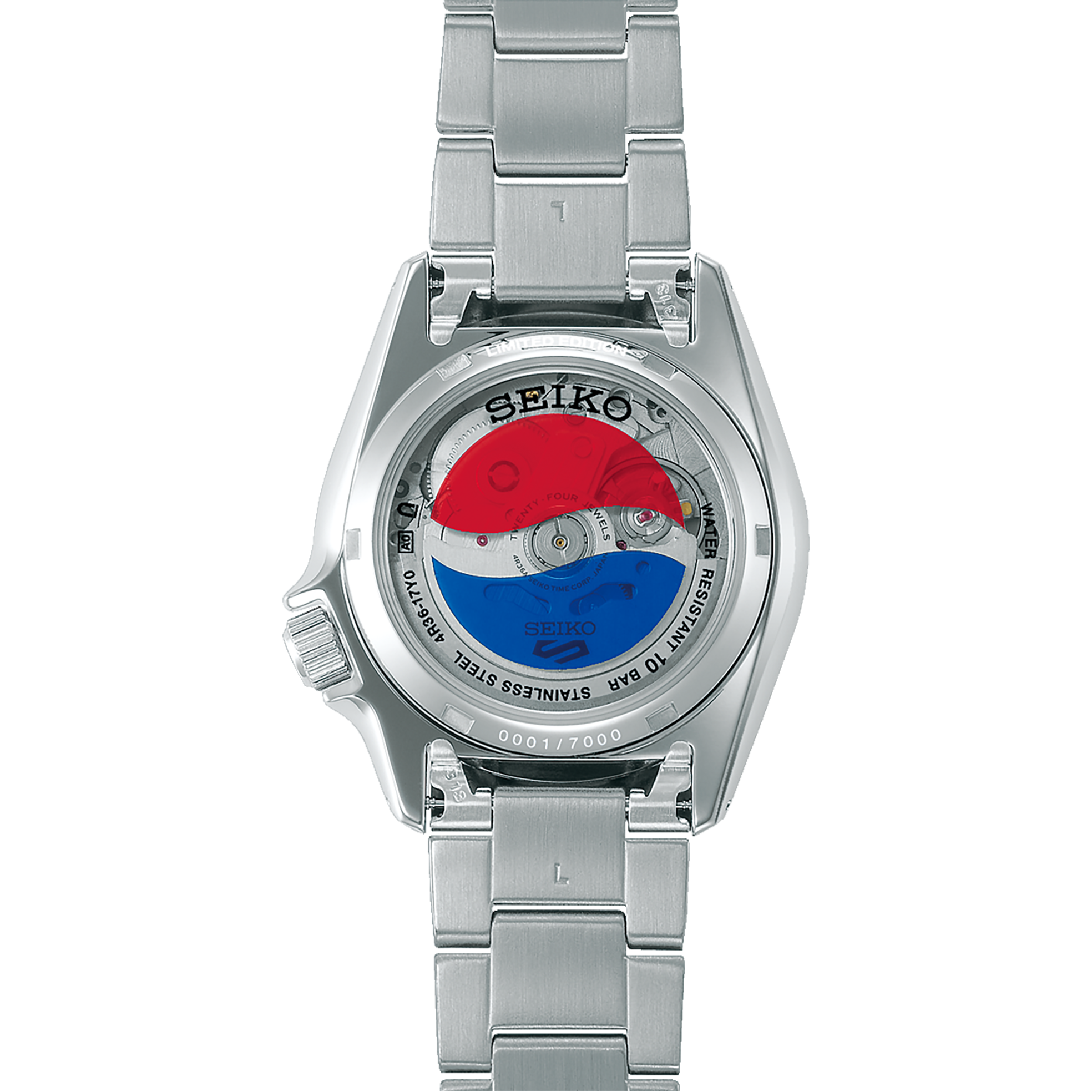 Back view of Seiko 5 Sports SRPL99 watch showing exhibition caseback with red-and-blue Pepsi rotor and stainless steel bracelet