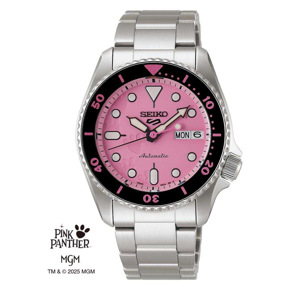 Seiko watch with pink face and silver bracelet on a white background, featuring Pink Panther branding.