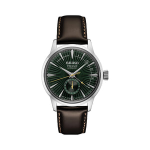 Front view of Seiko Presage SSA459 watch with green sunburst dial, power reserve and date subdials, brown leather strap