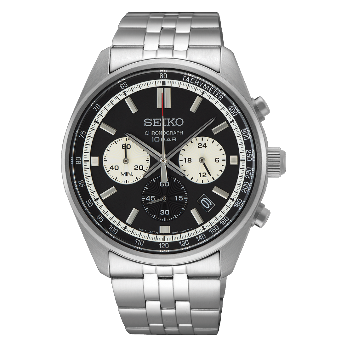 Seiko watch with black dial and silver metal strap on a white background