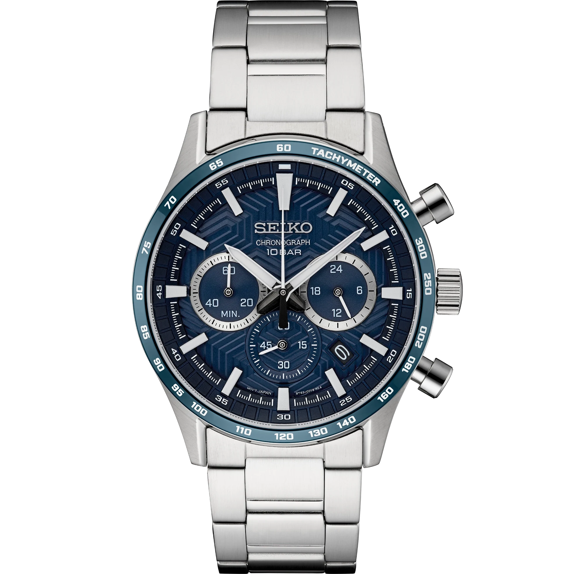 Seiko watch with silver bracelet and blue dial on a white background