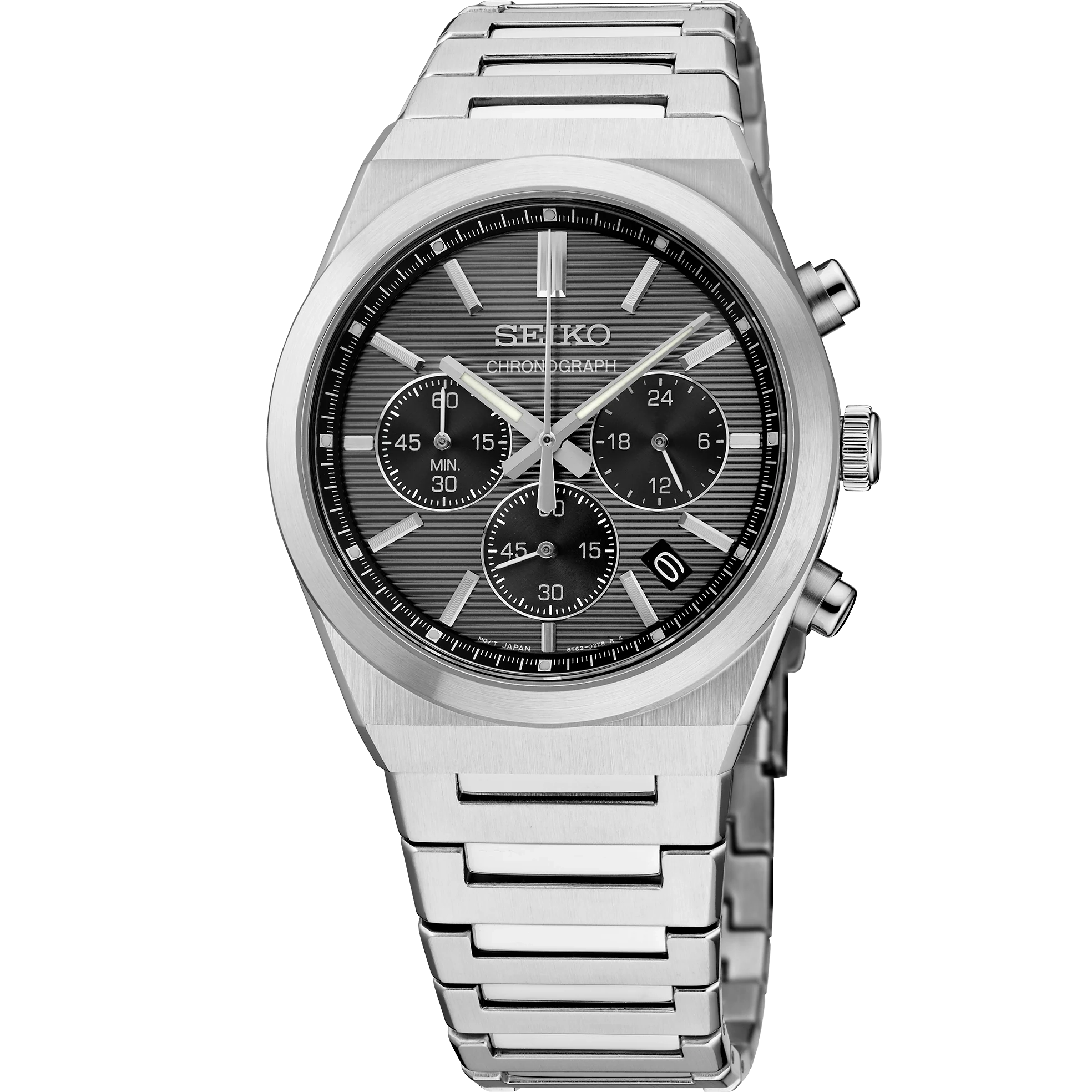 A Seiko watch with a silver stainless steel case and link bracelet, featuring a dark gray textured dial with three subdials and silver-tone hands.
