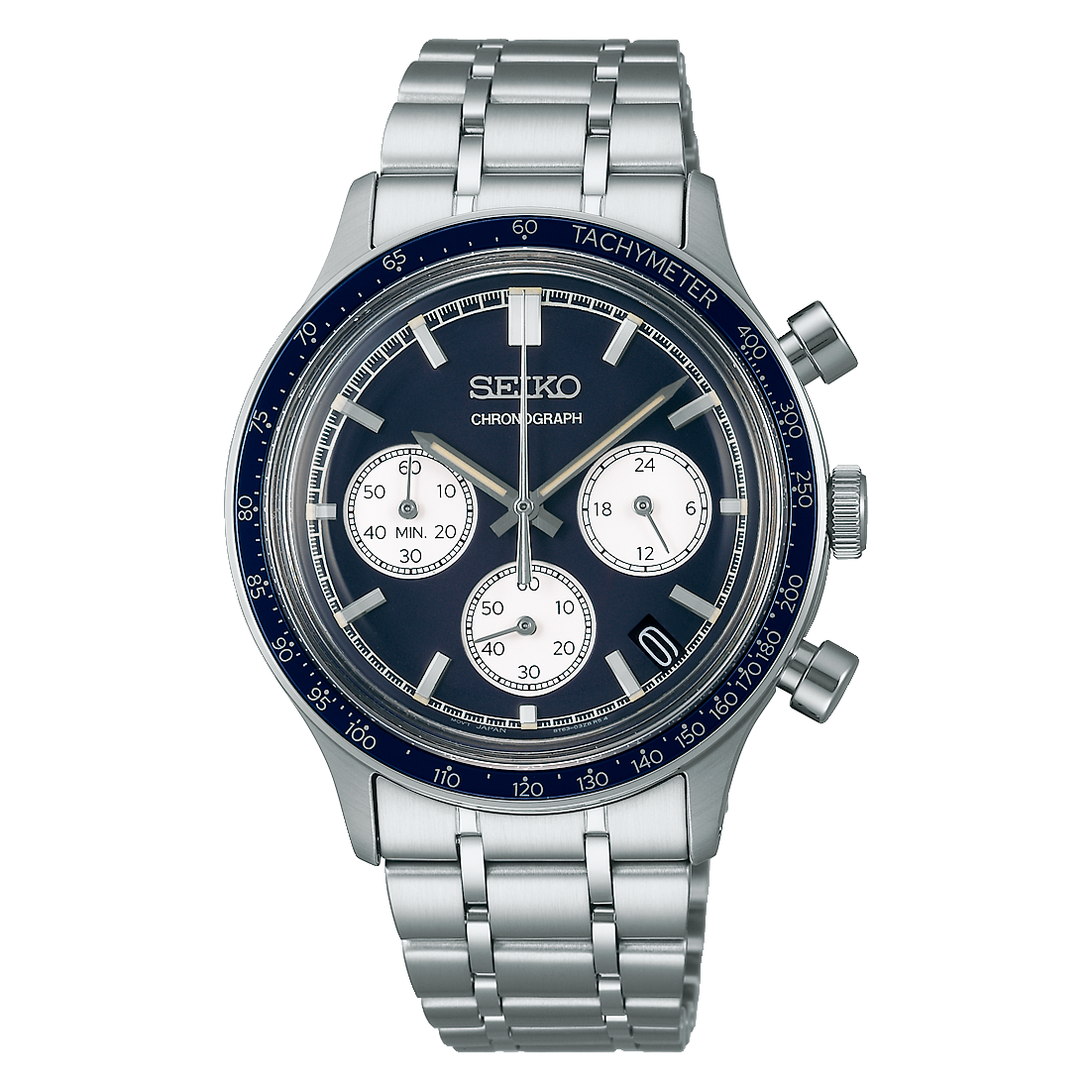 Silver Seiko watch with a blue bezel on a white background