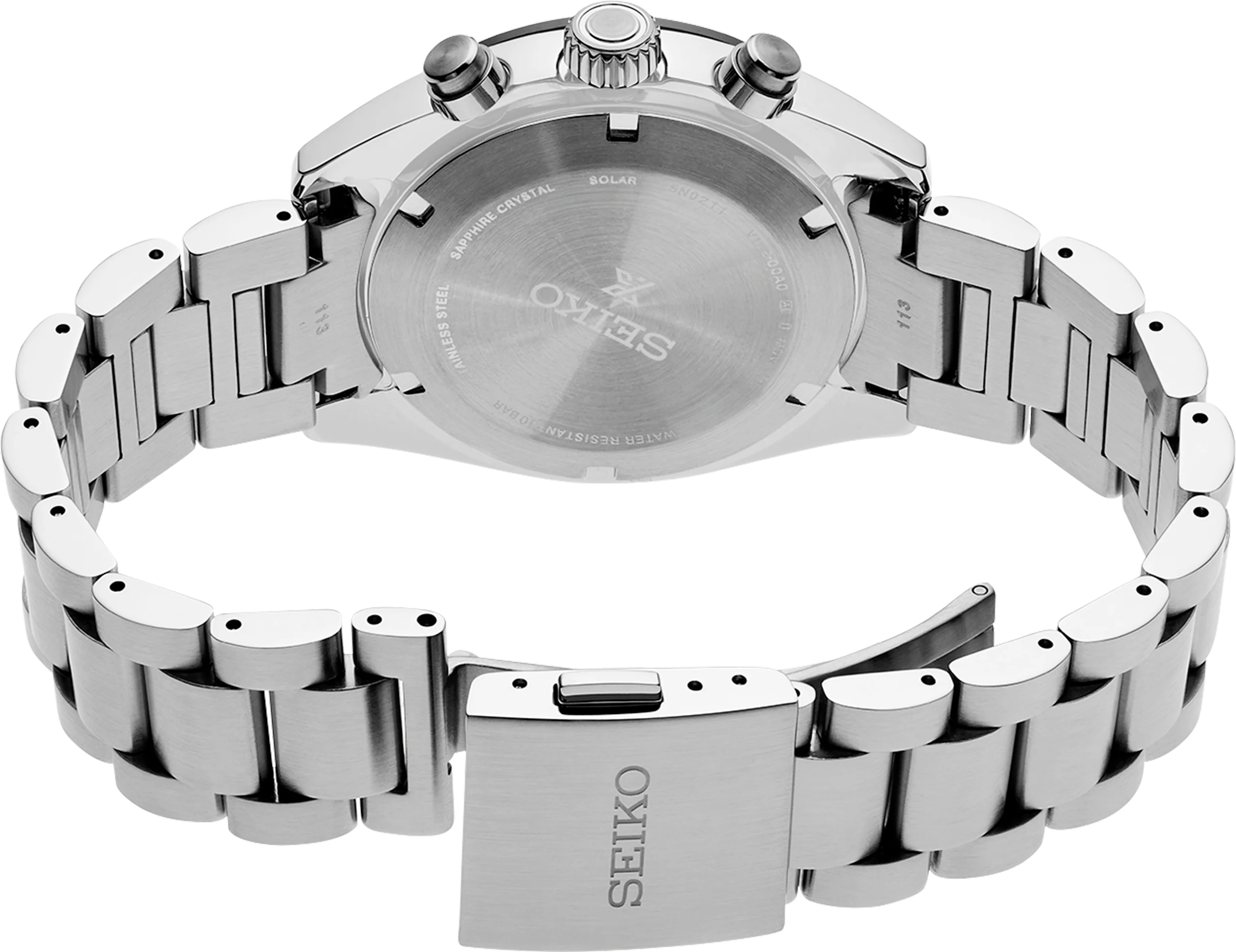 The back of a stainless steel Seiko watch with a link bracelet, showing the brushed metal case back and clasp on a white background.
