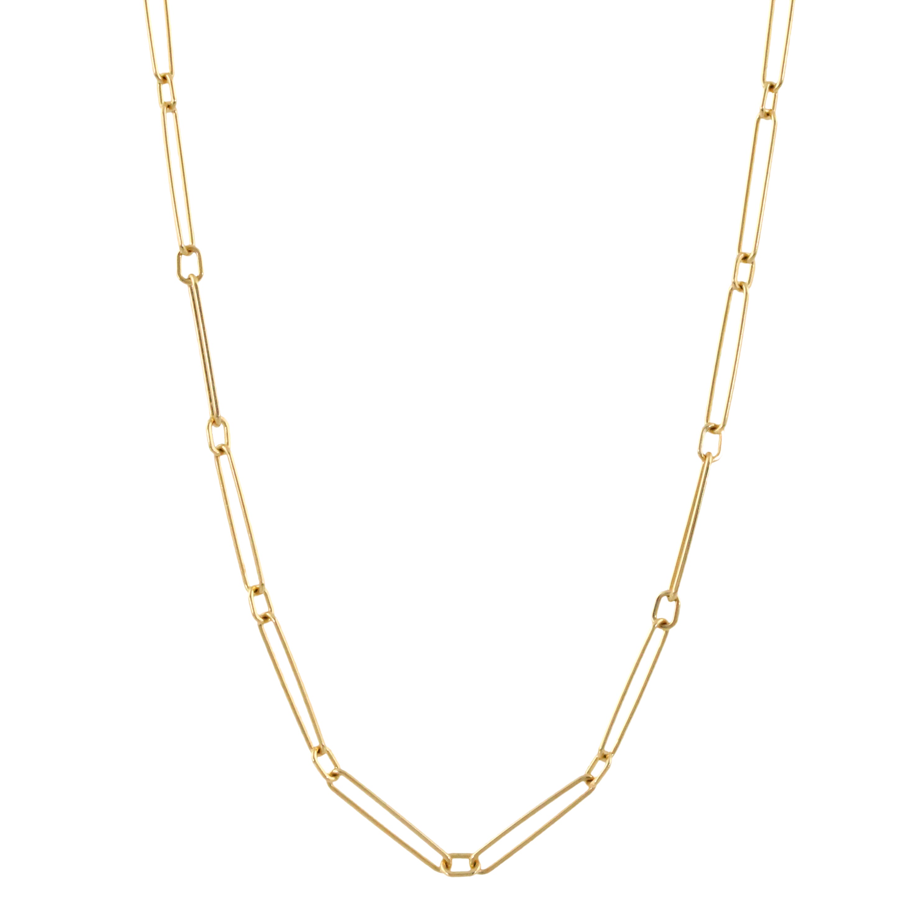 Front view of 18K 18-inch stretch paperclip chain showcasing 13.5mm yellow gold elongated links on white background