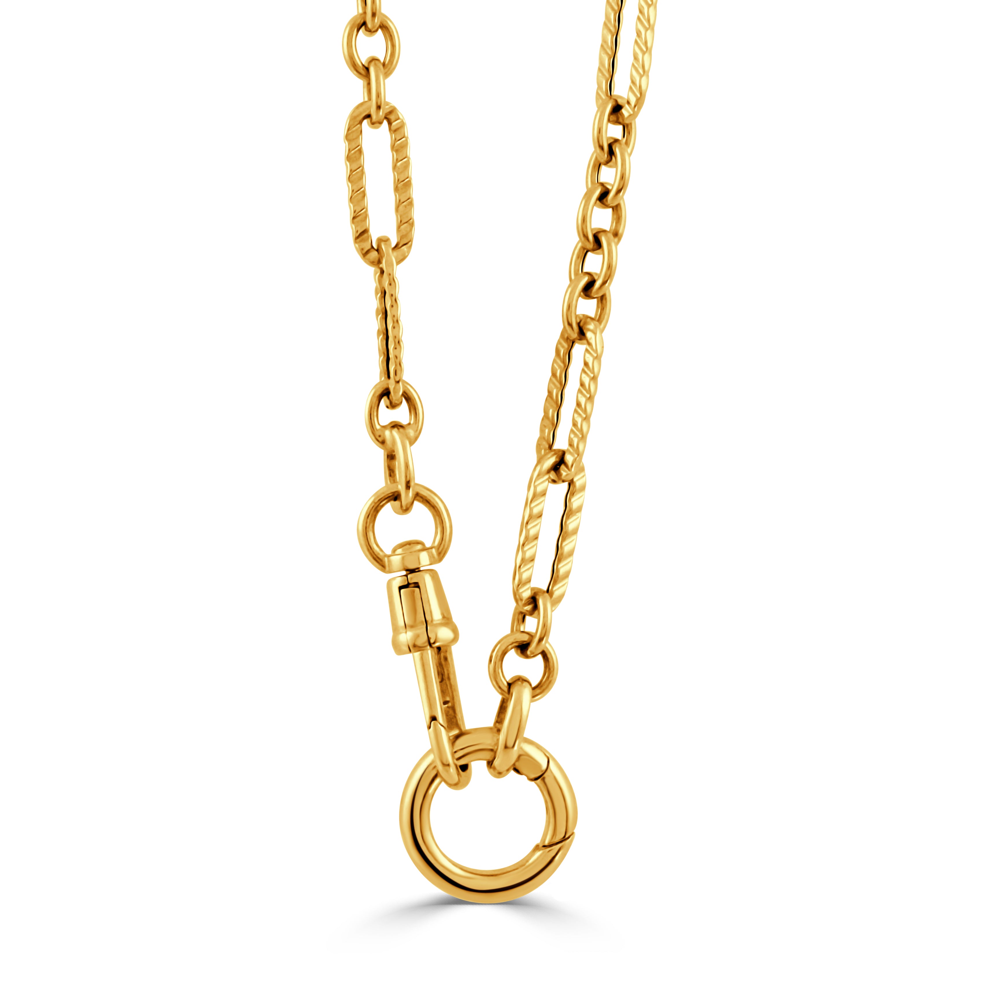 Close-up of 18-inch 14K yellow gold textured chain showing push-clip clasp and round spring ring on white background