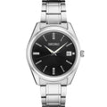 Front view of Seiko SUR311 watch showing black sunburst dial, 3 o’clock date, stainless-steel bracelet on white