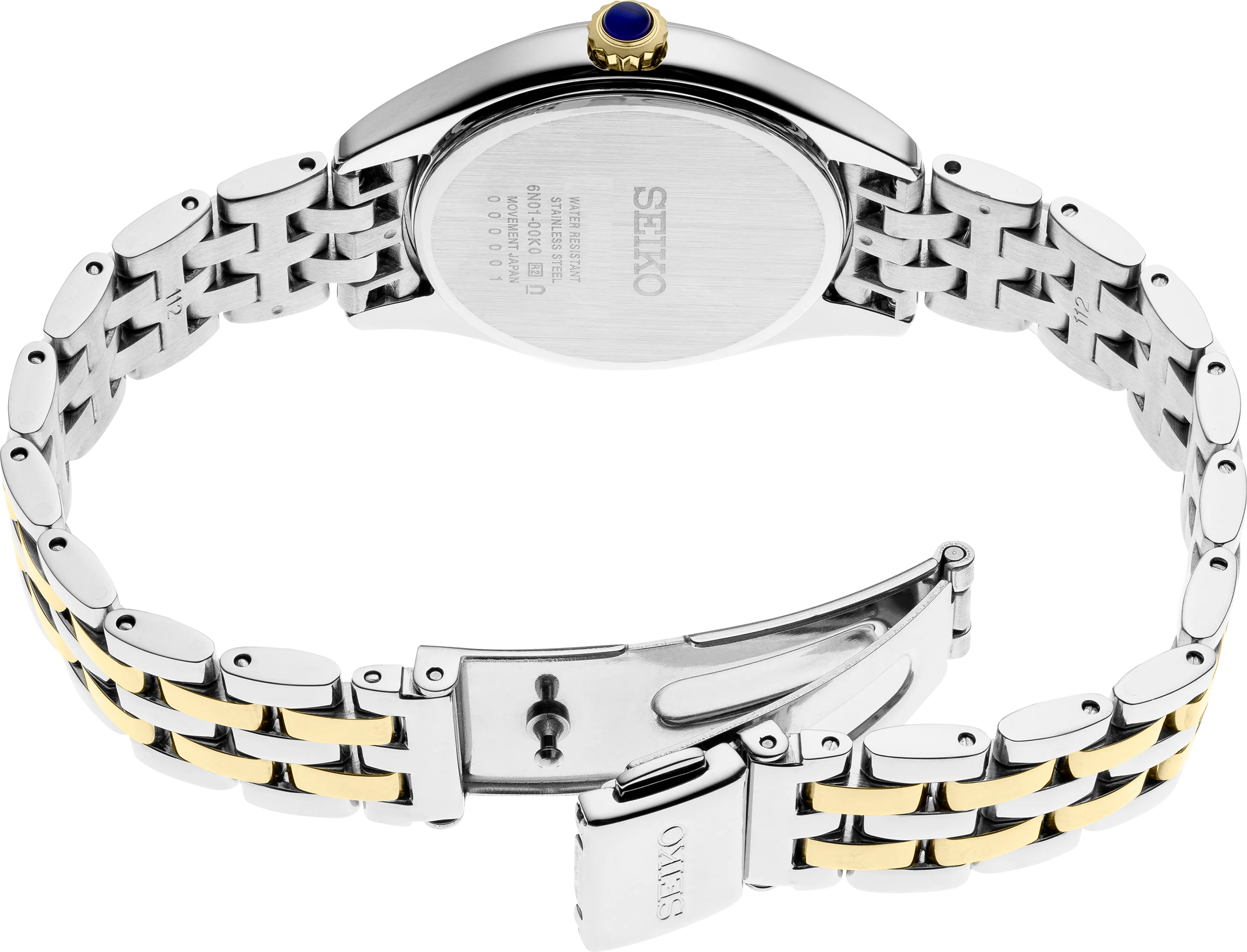 The back view of a Seiko women's watch featuring a two-tone stainless steel and gold link bracelet with a small blue accent jewel on the crown.