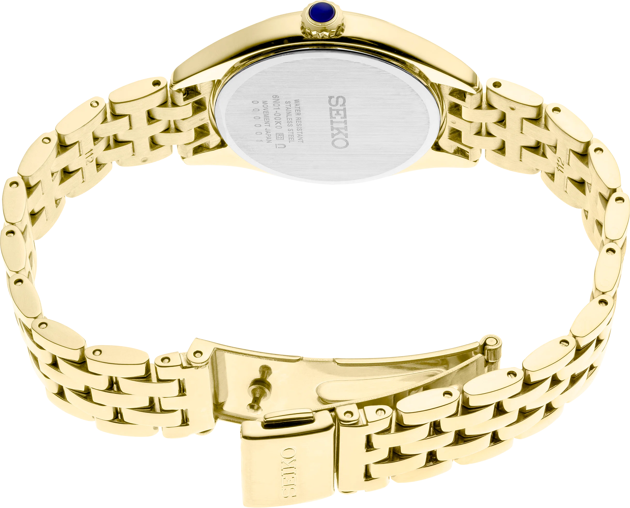 Back side of a gold tone seiko watch on a white background