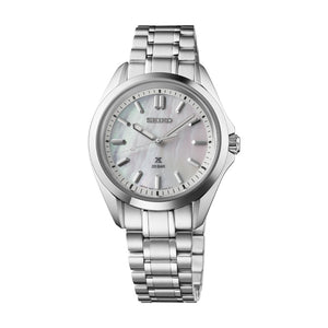 Front view of Seiko SUR605 watch showcasing mother-of-pearl dial and stainless steel bracelet on white background