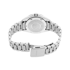 Rear view of Seiko SUR605 watch showing stainless steel bracelet, open tri-fold clasp, and engraved caseback on white background