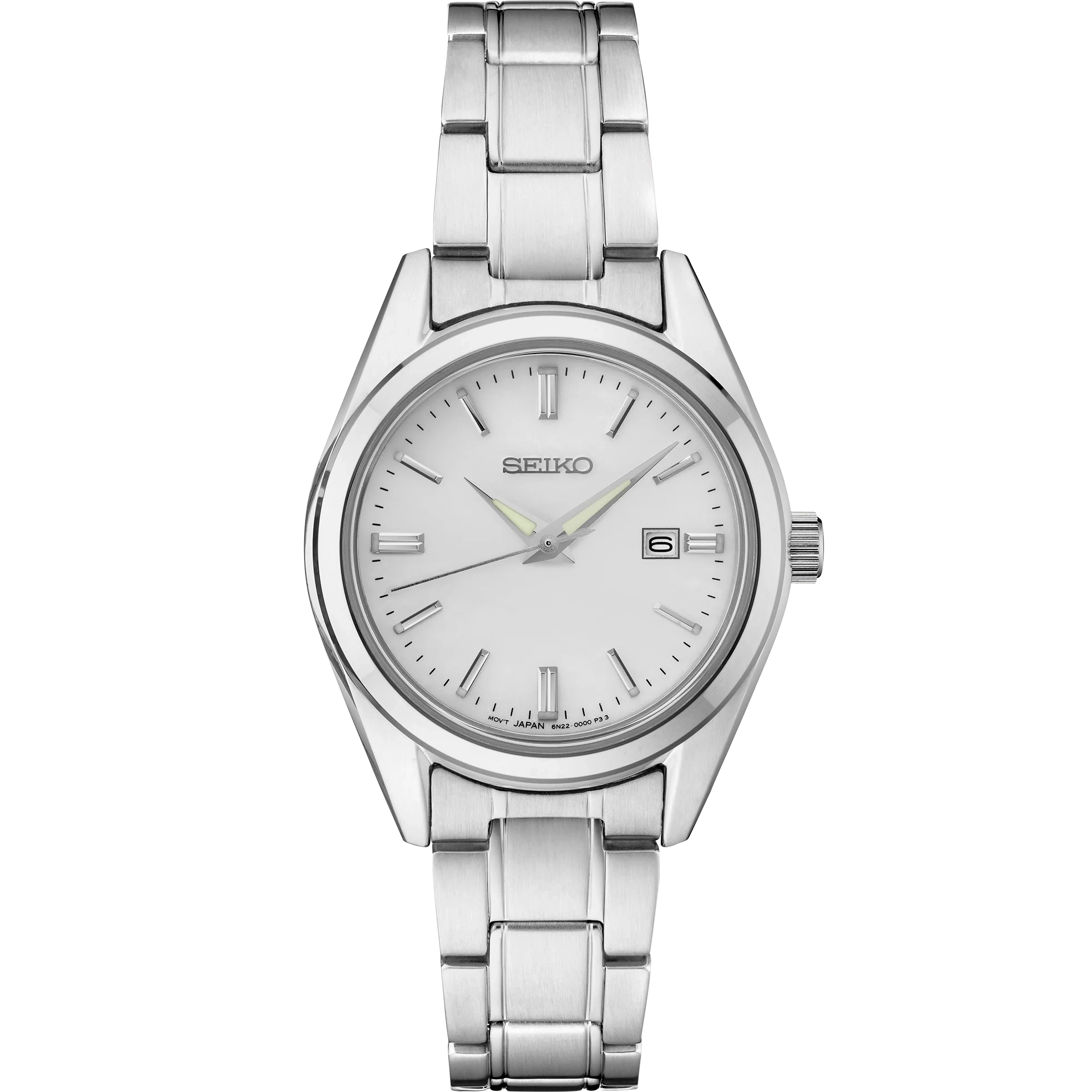 Stainless steel Seiko with a silver dial on a white background