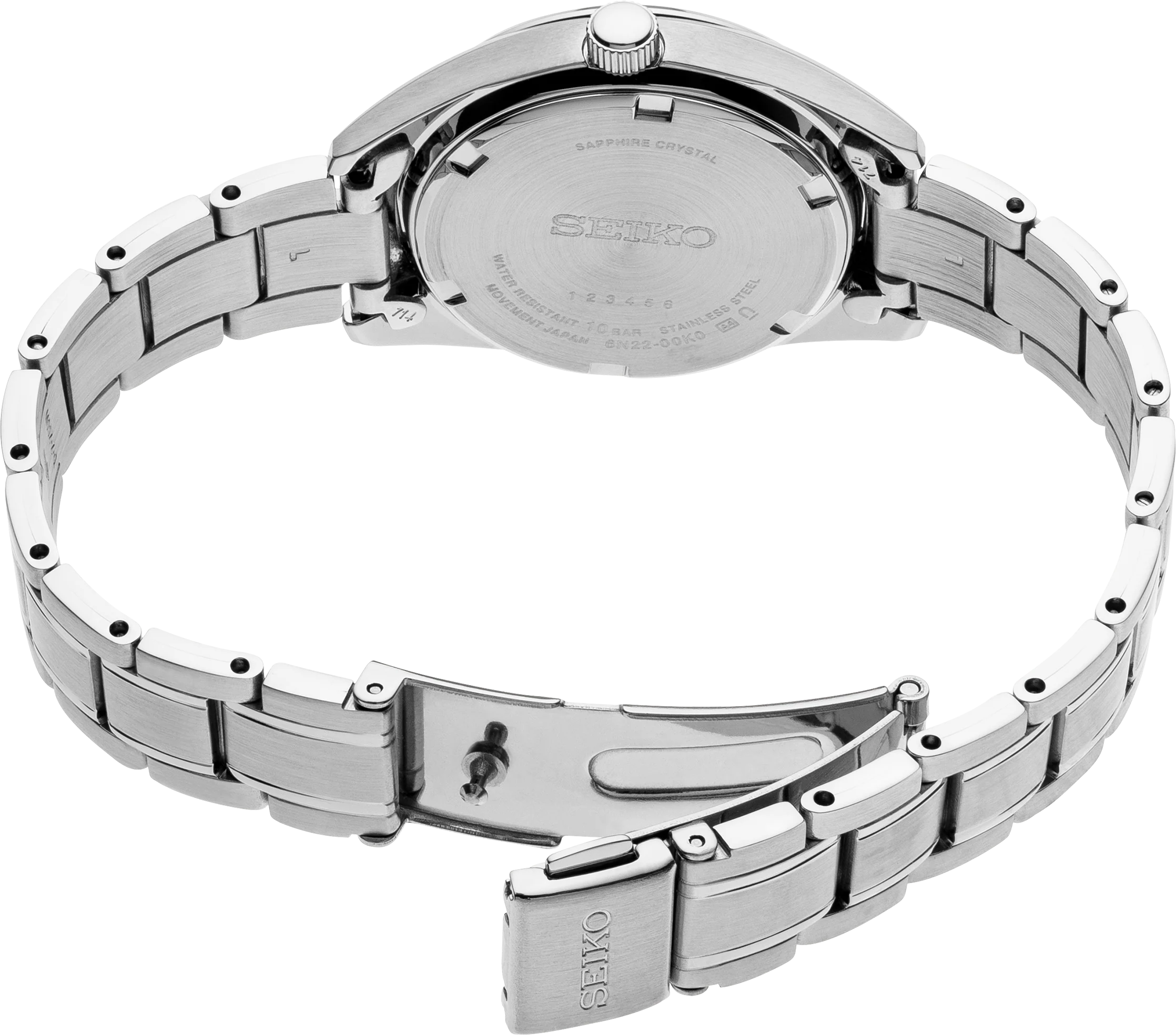 Back of a stainless steel Seiko watch on a white background
