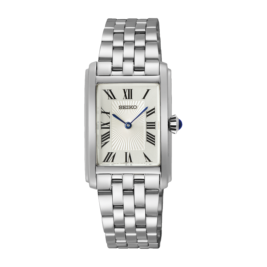 Silver Seiko watch with a white face on a white background