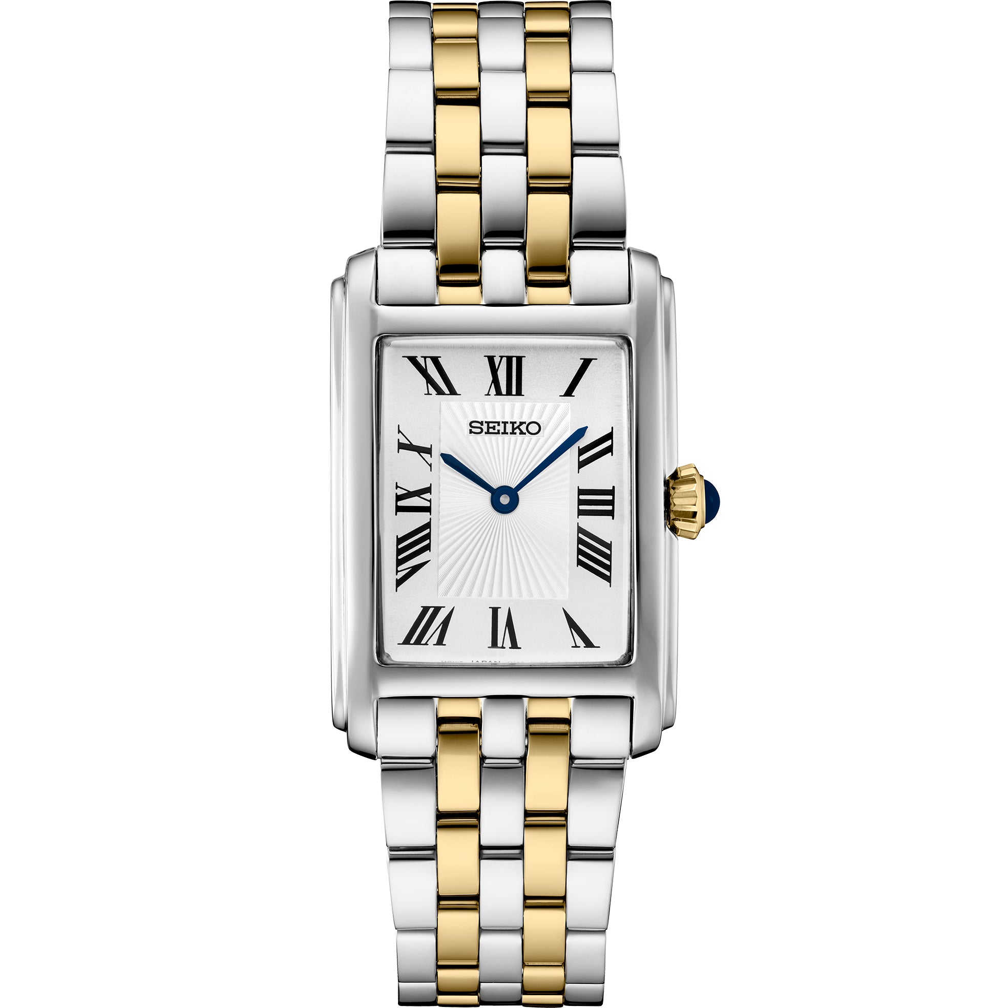 Front of Seiko SWR087 two-tone stainless steel watch with white Roman dial, blue hands and cabochon crown