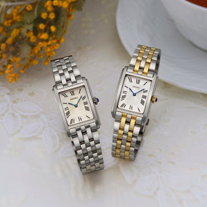 Angled view of Seiko SWR087 watch showing rectangular case, white Roman dial with blue hands and two-tone stainless bracelet