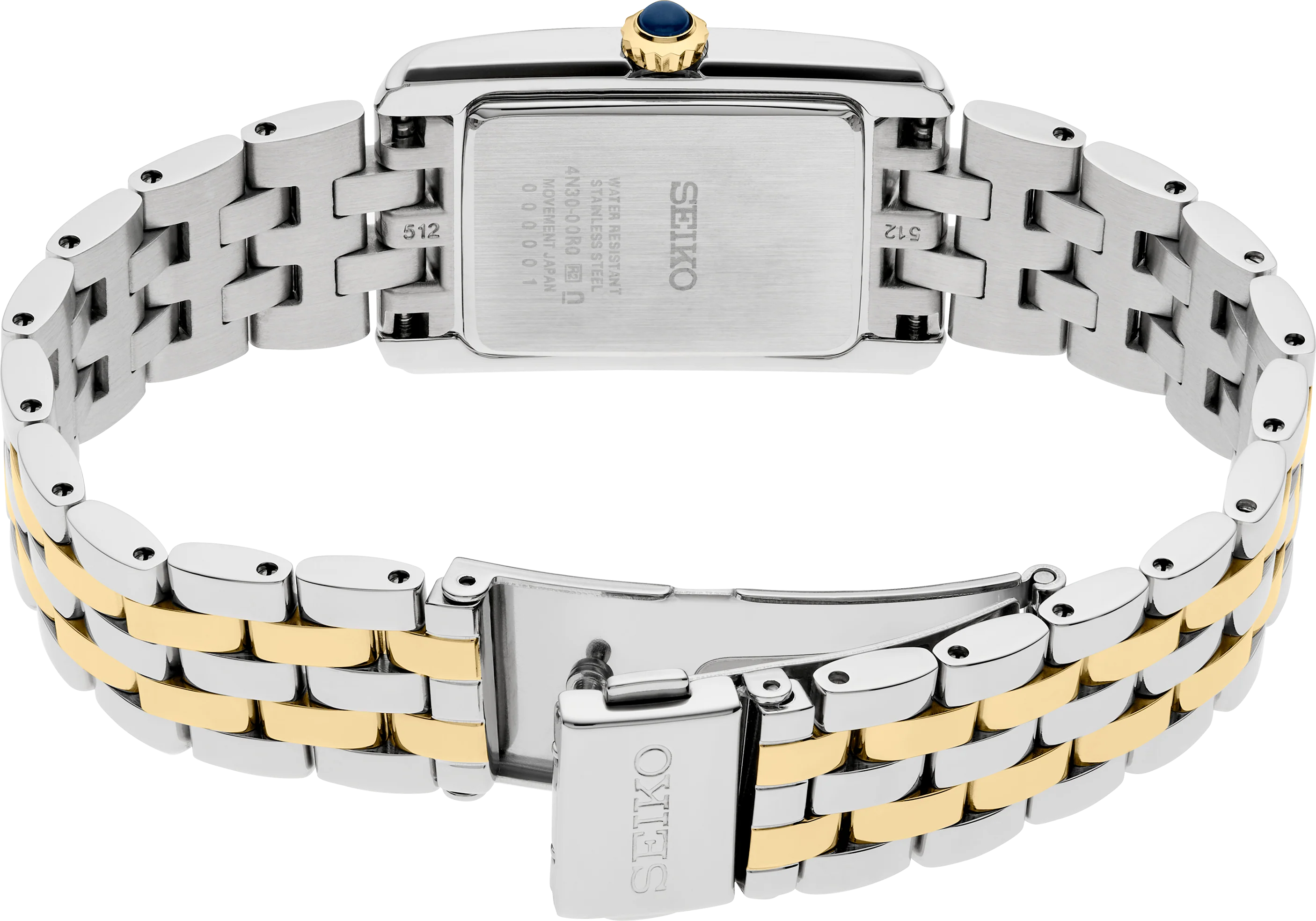 The back view of a Seiko women's watch featuring a two-tone stainless steel and yellow gold link bracelet with a silver-toned rectangular case and a blue cabochon crown.