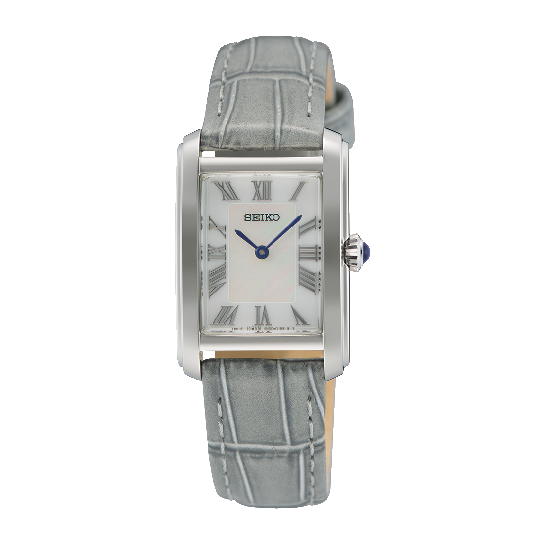 Stainless steel Seiko with mother of pearl dial with blue hands and grey leather band on a white background