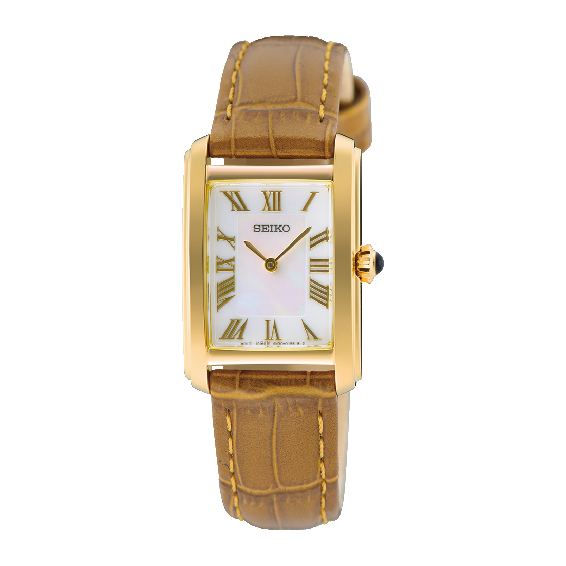Seiko watch with brown leather strap on a white background