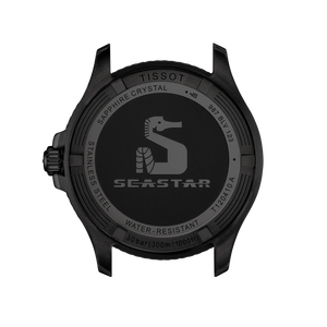 Caseback engraved: TISSOT SAPPHIRE CRYSTAL STAINLESS STEEL SEASTAR WATER-RESISTANT 30 bar (300m/1000ft) T120410 A 987 BLV 123