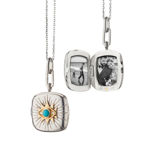 Two Tone "Protect" Evil Eye Locket Necklace with Turquoise and White Sapphire