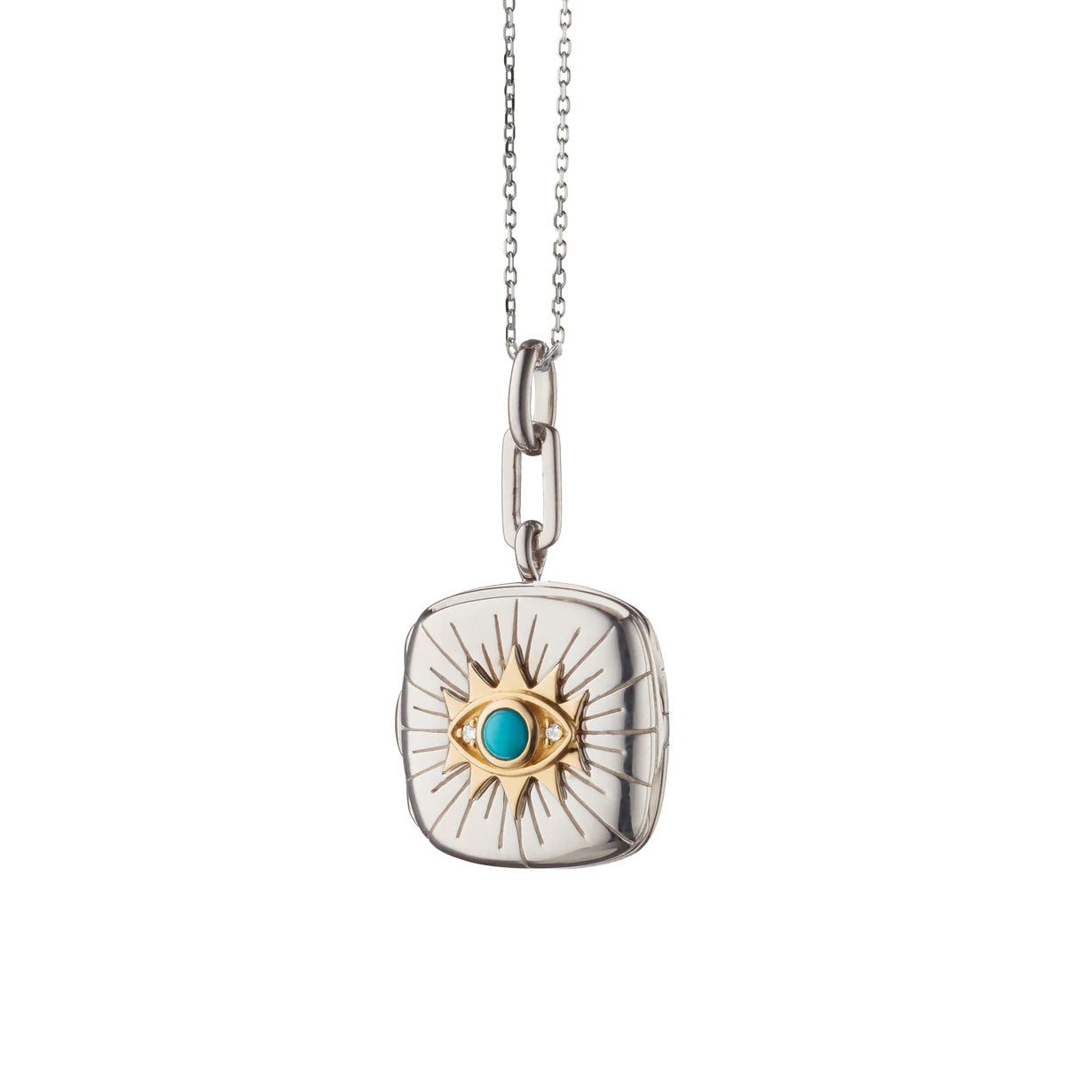 Two Tone "Protect" Evil Eye Locket Necklace with Turquoise and White Sapphire