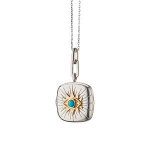 Two Tone "Protect" Evil Eye Locket Necklace with Turquoise and White Sapphire