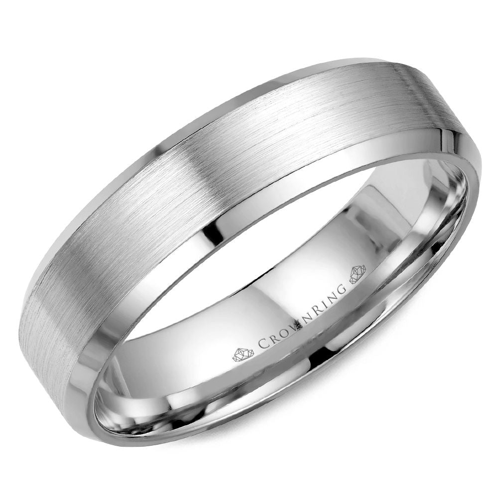 Platinum band with brushed center and polished edges, engraved CROWN RING inside