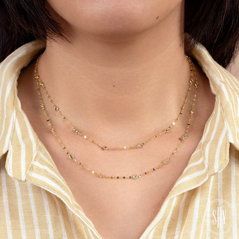 0.09ctw Diamond and Emerald Station Necklace