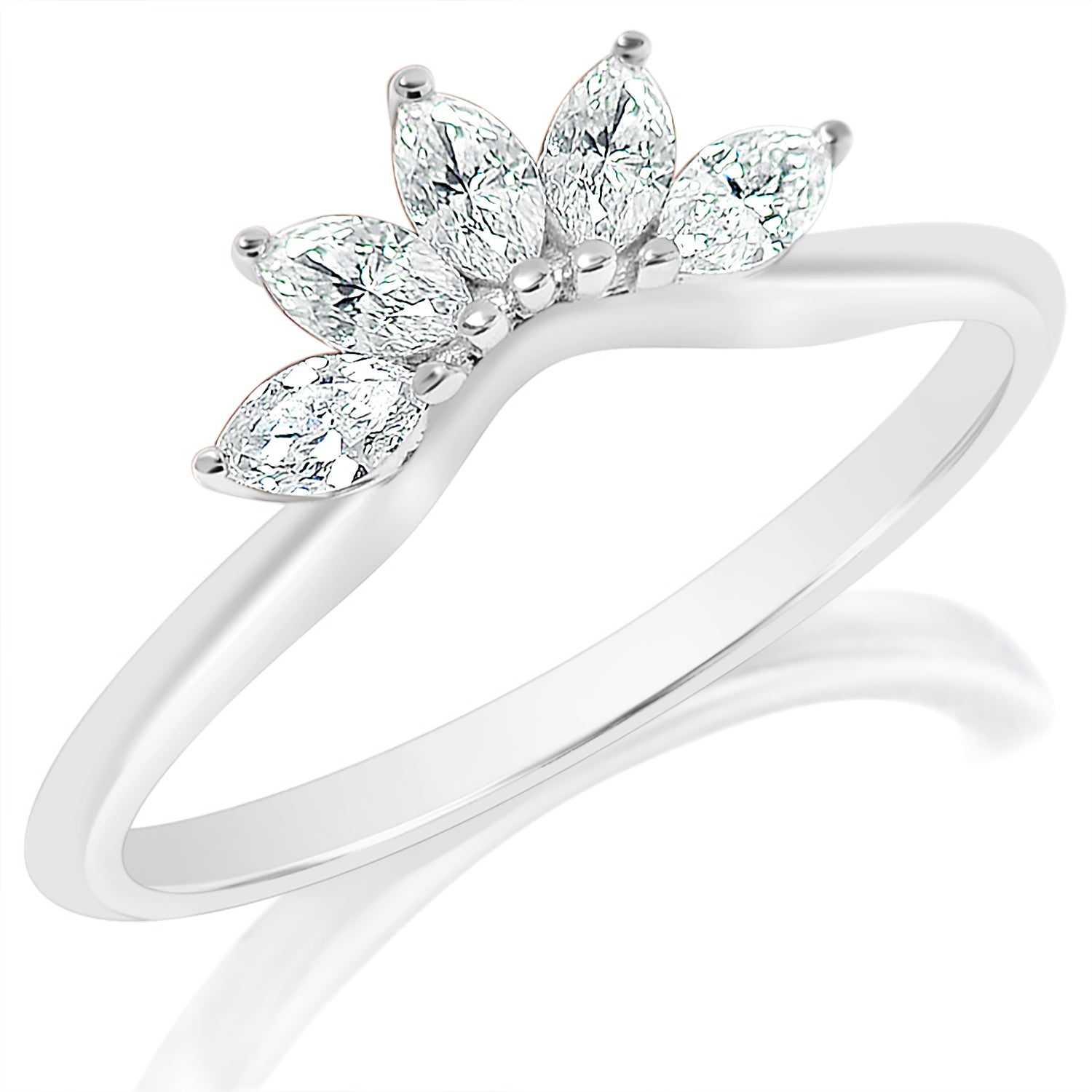 Angled view of Marquise Five Stone Curved Band showcasing five marquise diamonds in a fan on polished white gold band