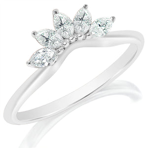 Angled view of Marquise Five Stone Curved Band showcasing five marquise diamonds in a fan on polished white gold band