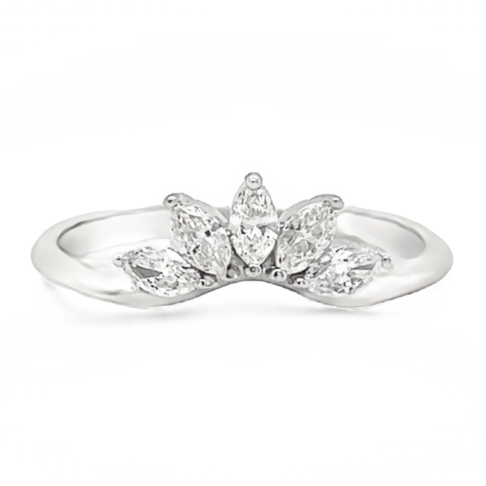 Front view of Marquise five-stone curved band showing five marquise diamonds in fan set on white gold